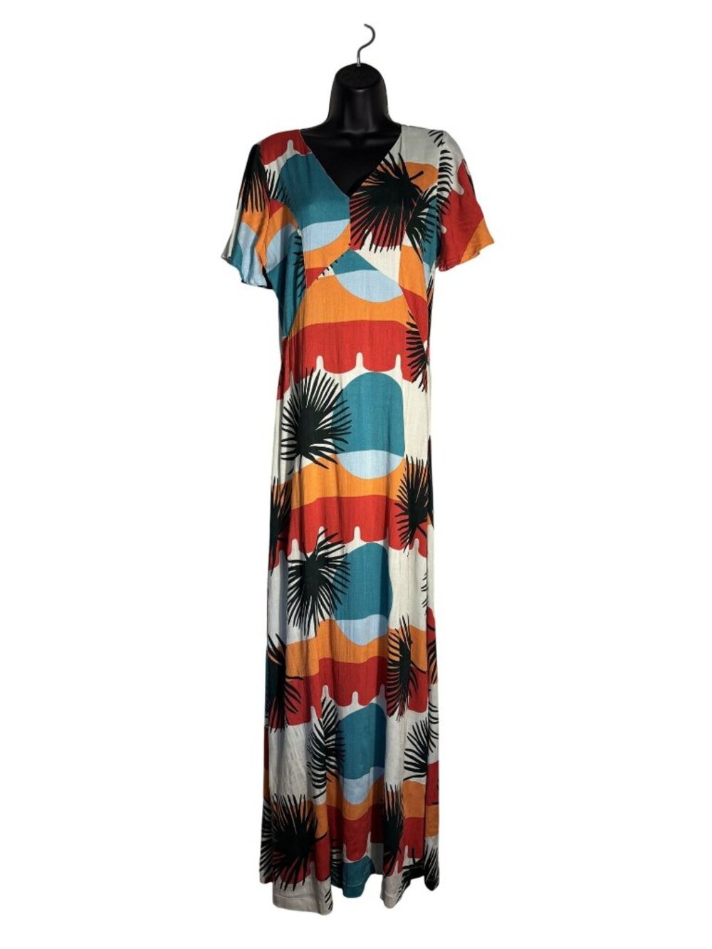 Bohemian Maxi Dress With Short Sleeves & V-Neckline Vibrant Multicolor Size M